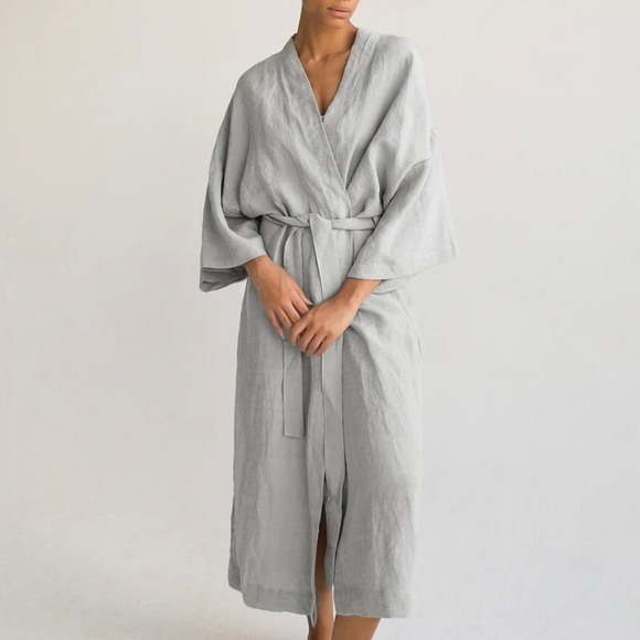 Gray Organic Cotton & Linen Blend Kimono Robe. - Picture 2 of 9